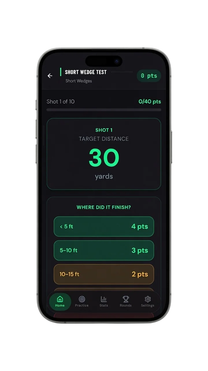 Short Wedge Test challenge in the Scoring Zone app — ten wedge shots scored by proximity
